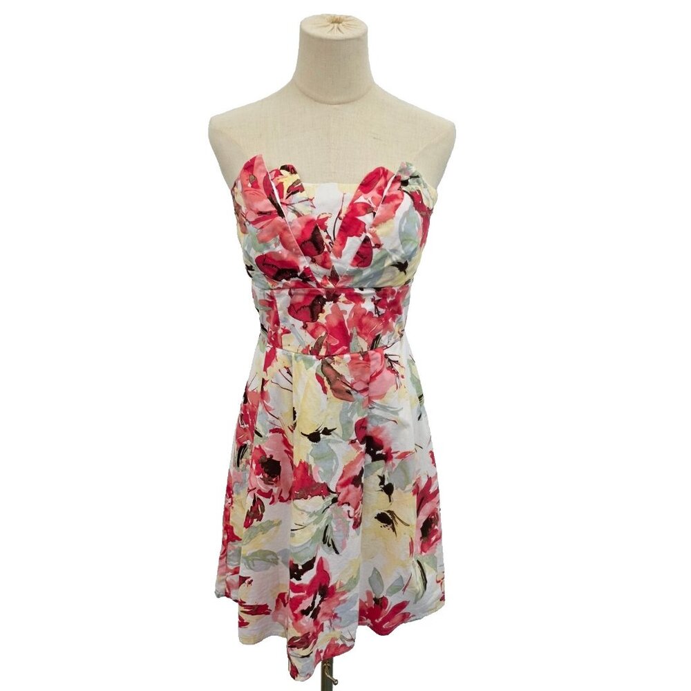 Maurices Strapless Dress Women's Size 7/8 Yellow Pink Floral Pleated Summer Y2K